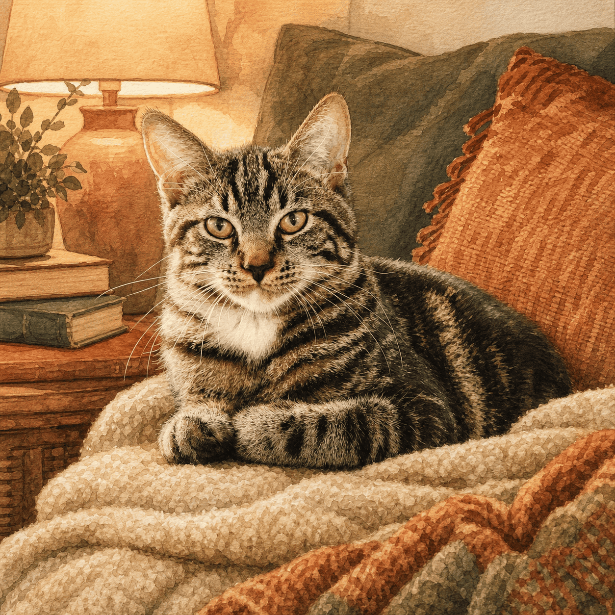 Cozy illustrated cat portrait created from a favorite pet photo